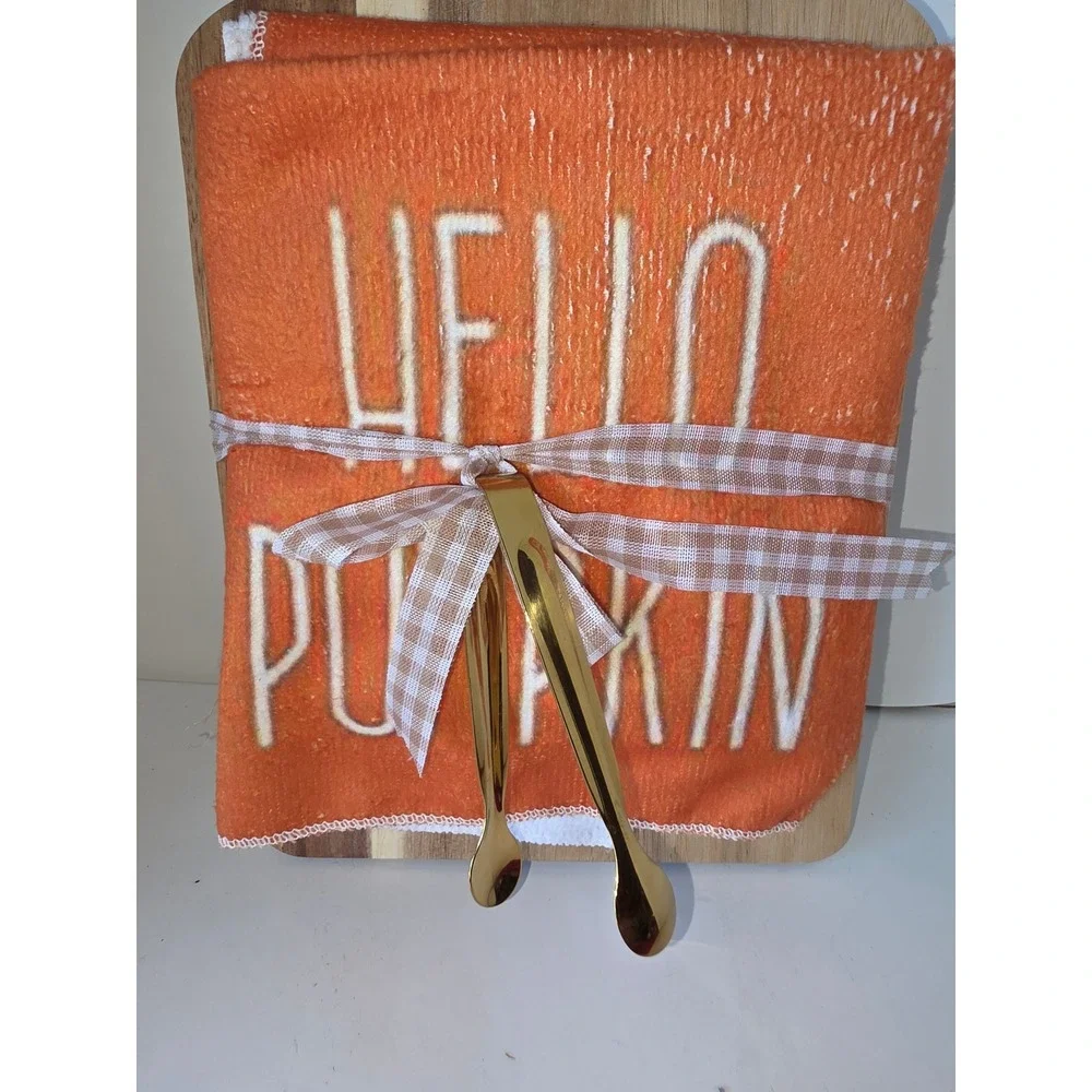 Hello Pumpkin Fall Kitchen Gift Set Wood Cutting Board Towel & Gold Tongs